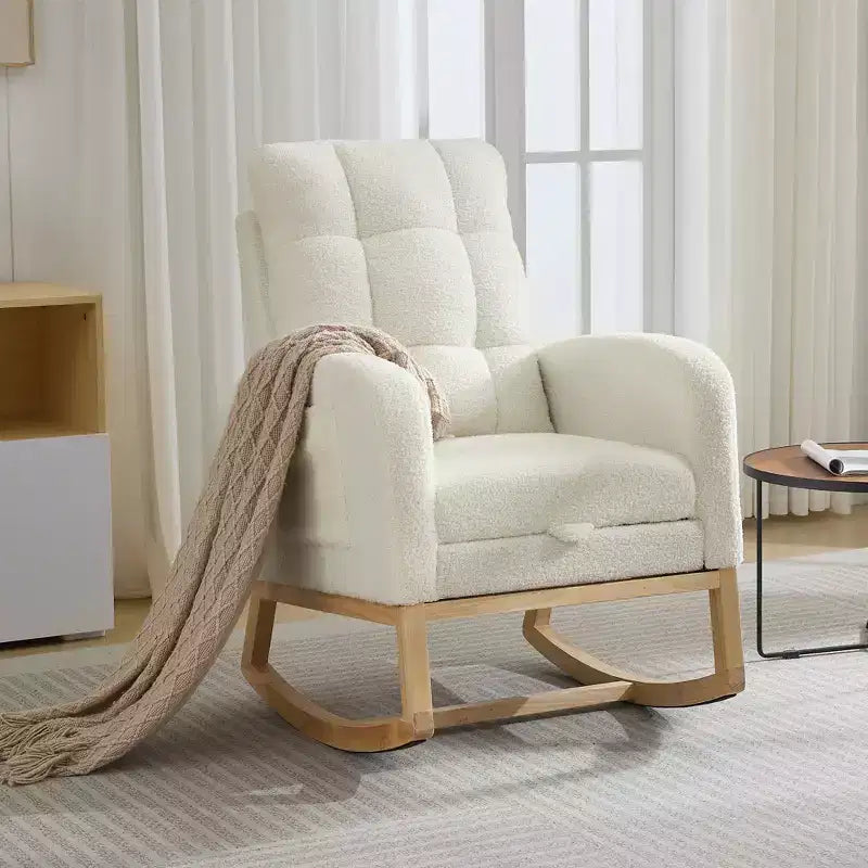 Fauteuil à bascule moderne pour chambre d'enfant, fauteuil à bascule en lin avec port USB et pochette latérale, fauteuil à bascule planeur pour salon, chambre à coucher, salle d'allaitement