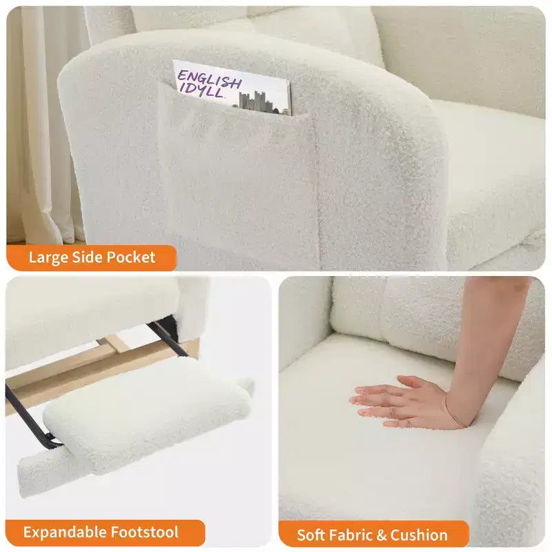 Fauteuil à bascule moderne pour chambre d'enfant, fauteuil à bascule en lin avec port USB et pochette latérale, fauteuil à bascule planeur pour salon, chambre à coucher, salle d'allaitement