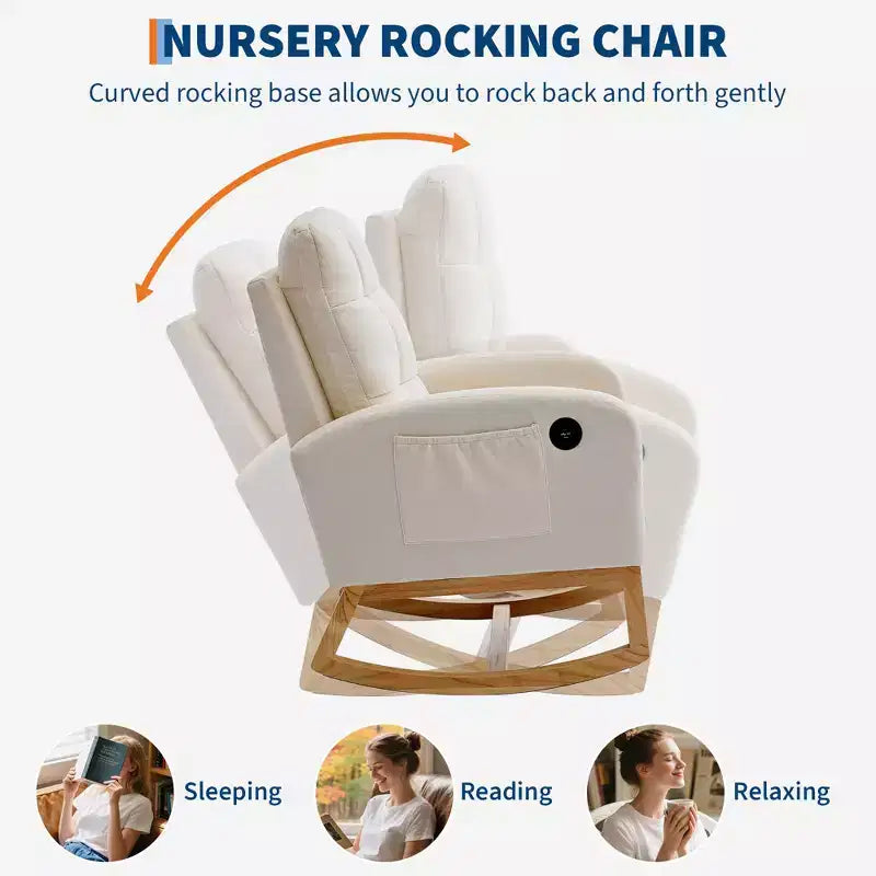 Fauteuil à bascule moderne pour chambre d'enfant, fauteuil à bascule en lin avec port USB et pochette latérale, fauteuil à bascule planeur pour salon, chambre à coucher, salle d'allaitement