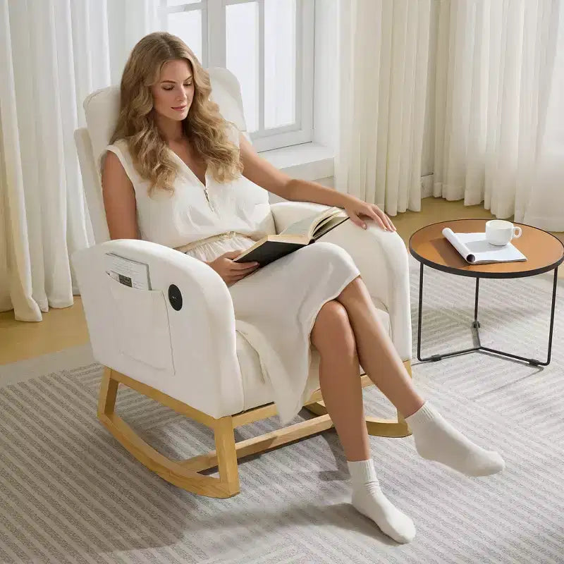 Fauteuil à bascule moderne pour chambre d'enfant, fauteuil à bascule en lin avec port USB et pochette latérale, fauteuil à bascule planeur pour salon, chambre à coucher, salle d'allaitement