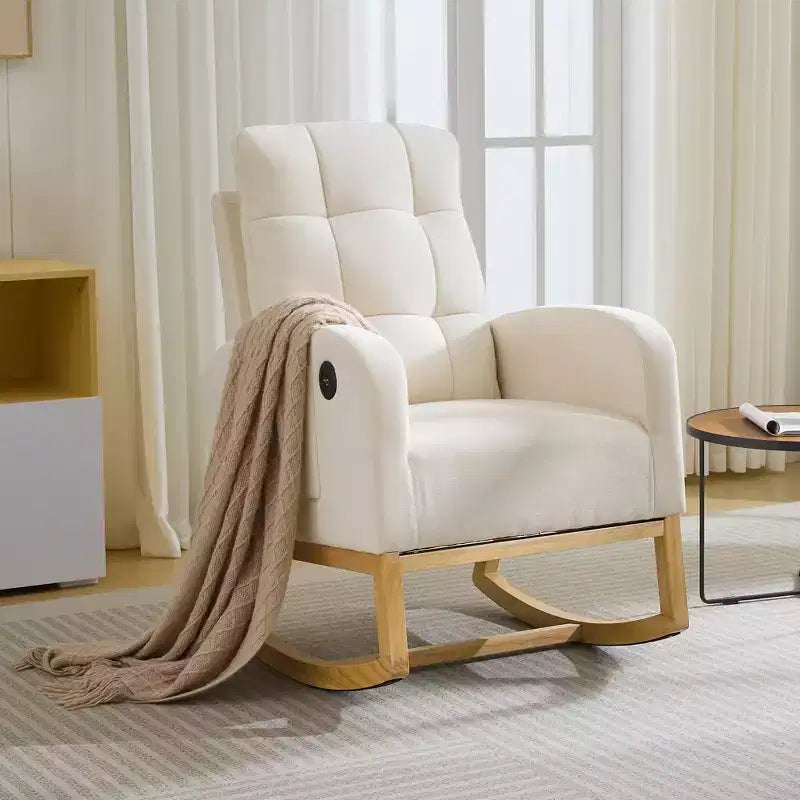 Fauteuil à bascule moderne pour chambre d'enfant, fauteuil à bascule en lin avec port USB et pochette latérale, fauteuil à bascule planeur pour salon, chambre à coucher, salle d'allaitement