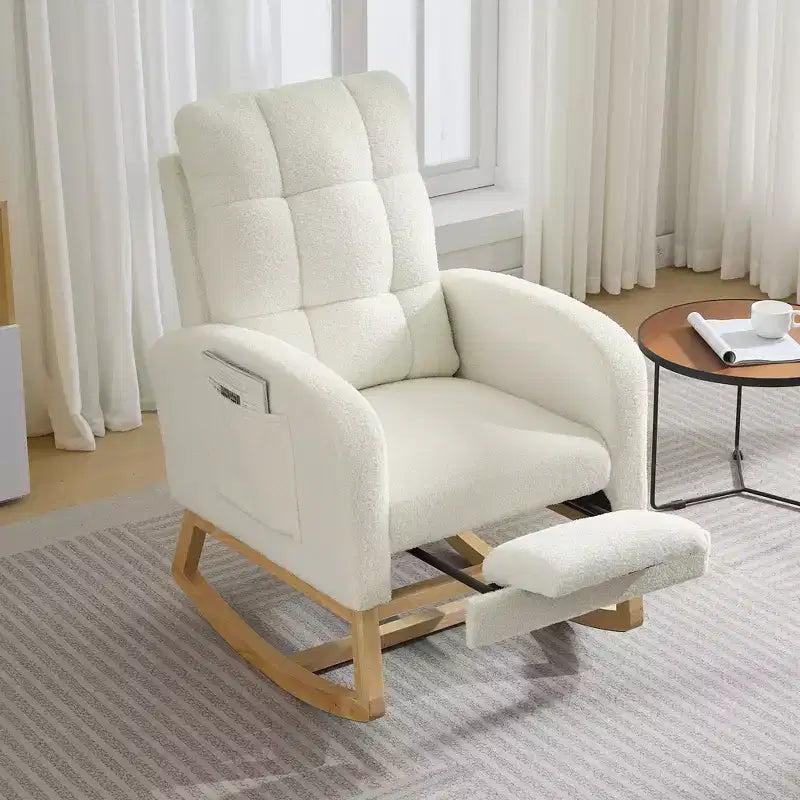 Fauteuil à bascule moderne pour chambre d'enfant, fauteuil à bascule en lin avec port USB et pochette latérale, fauteuil à bascule planeur pour salon, chambre à coucher, salle d'allaitement