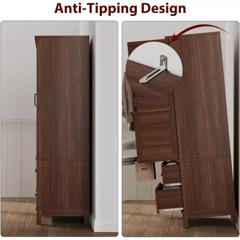 Armoire à deux portes avec tringle, armoire étroite et haute de 72 pouces avec 18 étagères réglables.