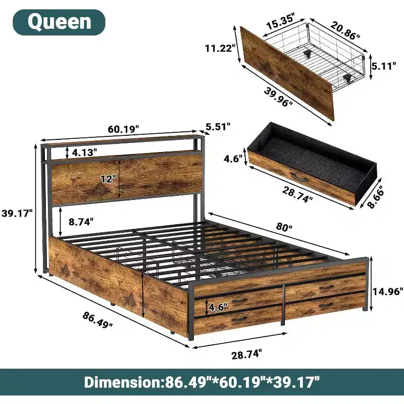 Cadre de lit plateforme de rangement Queen Size Zevemomo avec 8 tiroirs, tête et pied de lit en bois, design silencieux, aucun sommier tapissier requis, marron