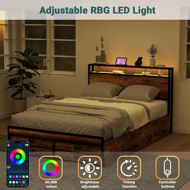 Cadre de lit plateforme de rangement Queen Size Zevemomo avec 8 tiroirs, tête et pied de lit en bois, design silencieux, aucun sommier tapissier requis, marron