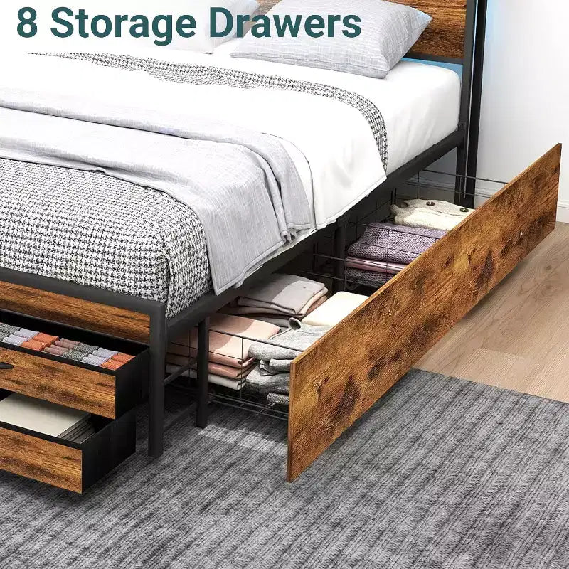 Cadre de lit plateforme de rangement Queen Size Zevemomo avec 8 tiroirs, tête et pied de lit en bois, design silencieux, aucun sommier tapissier requis, marron