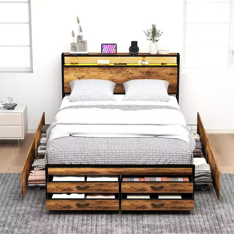 Cadre de lit plateforme de rangement Queen Size Zevemomo avec 8 tiroirs, tête et pied de lit en bois, design silencieux, aucun sommier tapissier requis, marron