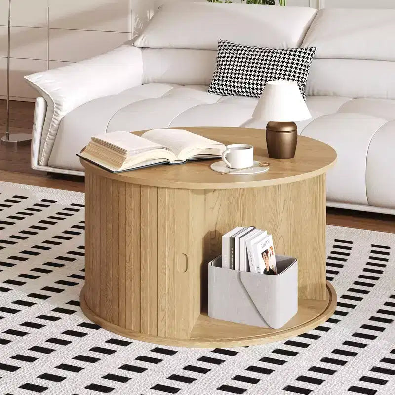 Table basse, tables basses rondes avec rangement, table centrale cannelée, table moderne du milieu du siècle de 28 pouces avec porte coulissante pour salon