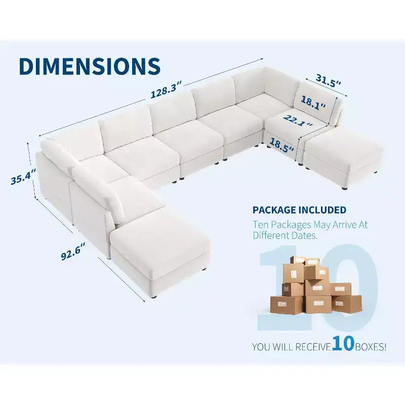 Canapé d'angle modulable 128", 9 places en forme de L avec 2 poufs de rangement, canapé-lit moderne avec housses amovibles et lavables et oreillers