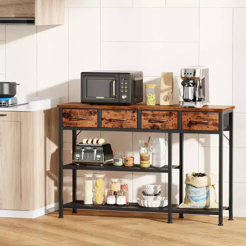 Table console de 119 cm pour entrée avec plateau en bois rustique brun industriel, 4 tiroirs de rangement en tissu et étagère porte-chaussures en maille métallique, pour hall d'entrée.
