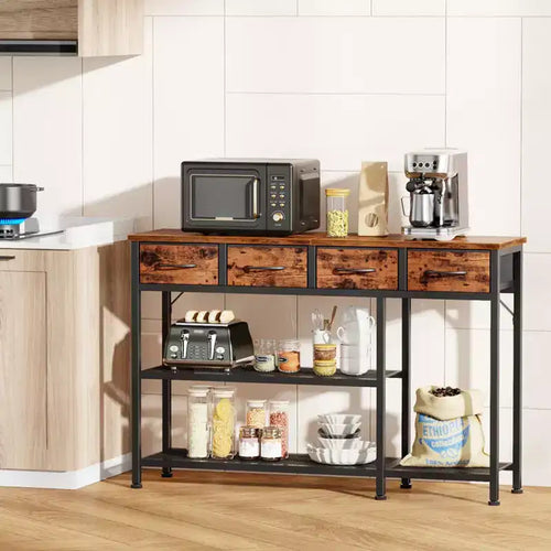 Table console de 119 cm pour entrée avec plateau en bois rustique brun industriel, 4 tiroirs de rangement en tissu et étagère porte-chaussures en maille métallique, pour hall d'entrée.