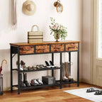Table console de 119 cm pour entrée avec plateau en bois rustique brun industriel, 4 tiroirs de rangement en tissu et étagère porte-chaussures en maille métallique, pour hall d'entrée.