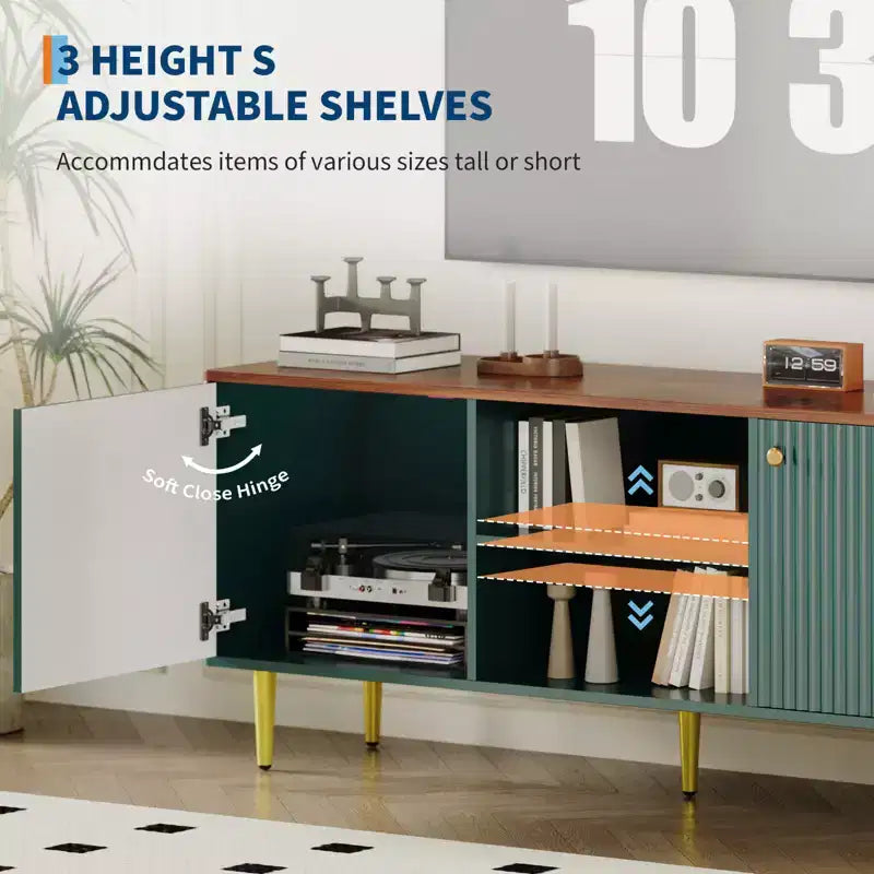 Meuble TV cannelé Garvee pour téléviseurs jusqu'à 65 pouces, meuble de divertissement en bois de style Mid-Century de 55 pouces de long avec 2 portes de rangement et étagère réglable