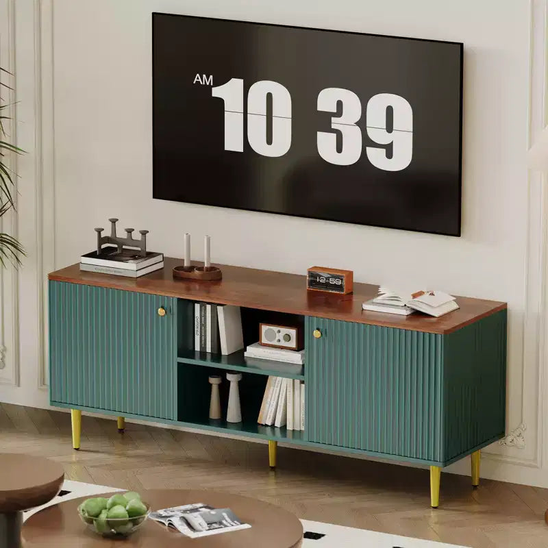 Meuble TV cannelé Garvee pour téléviseurs jusqu'à 65 pouces, meuble de divertissement en bois de style Mid-Century de 55 pouces de long avec 2 portes de rangement et étagère réglable