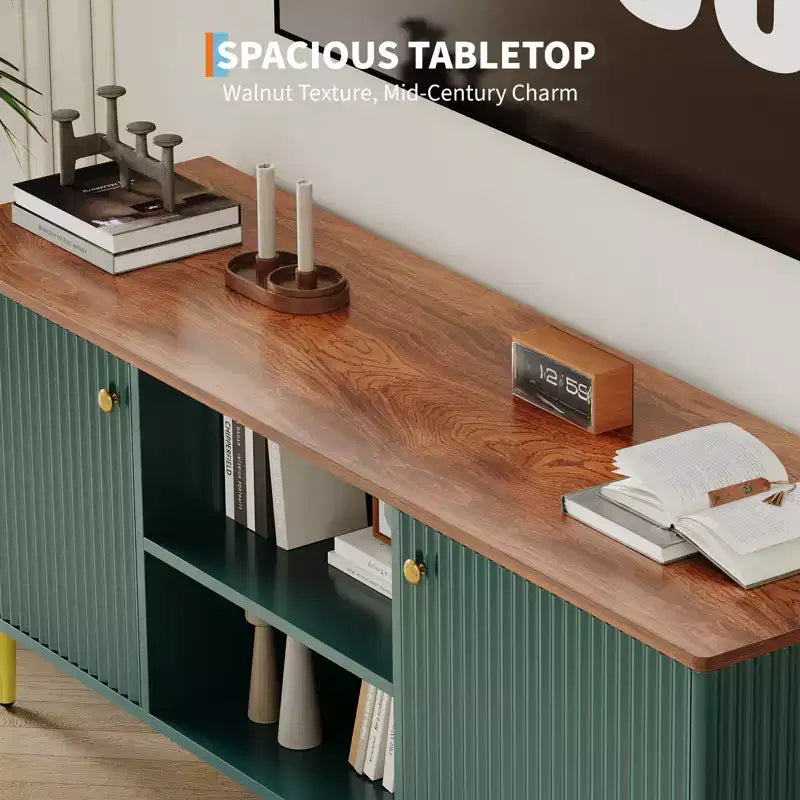 Meuble TV cannelé Garvee pour téléviseurs jusqu'à 65 pouces, meuble de divertissement en bois de style Mid-Century de 55 pouces de long avec 2 portes de rangement et étagère réglable