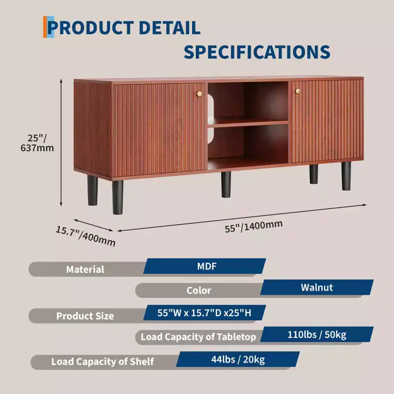 Meuble TV cannelé Garvee pour téléviseurs jusqu'à 65 pouces, meuble de divertissement en bois de style Mid-Century de 55 pouces de long avec 2 portes de rangement et étagère réglable
