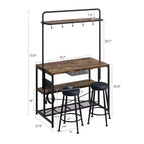 Îlot de cuisine avec prise de courant - Meuble de rangement industriel pour boulangerie avec 2 tabourets, 3 étagères et 5 crochets pour salle à manger/salon (Ensemble 1 pièce)