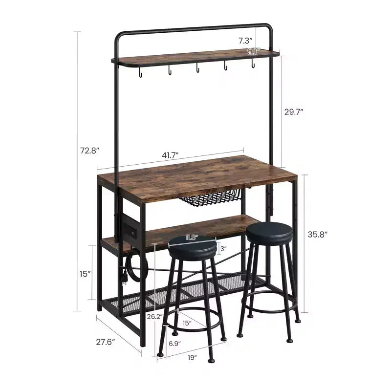 Îlot de cuisine avec prise de courant - Meuble de rangement industriel pour boulangerie avec 2 tabourets, 3 étagères et 5 crochets pour salle à manger/salon (Ensemble 1 pièce)