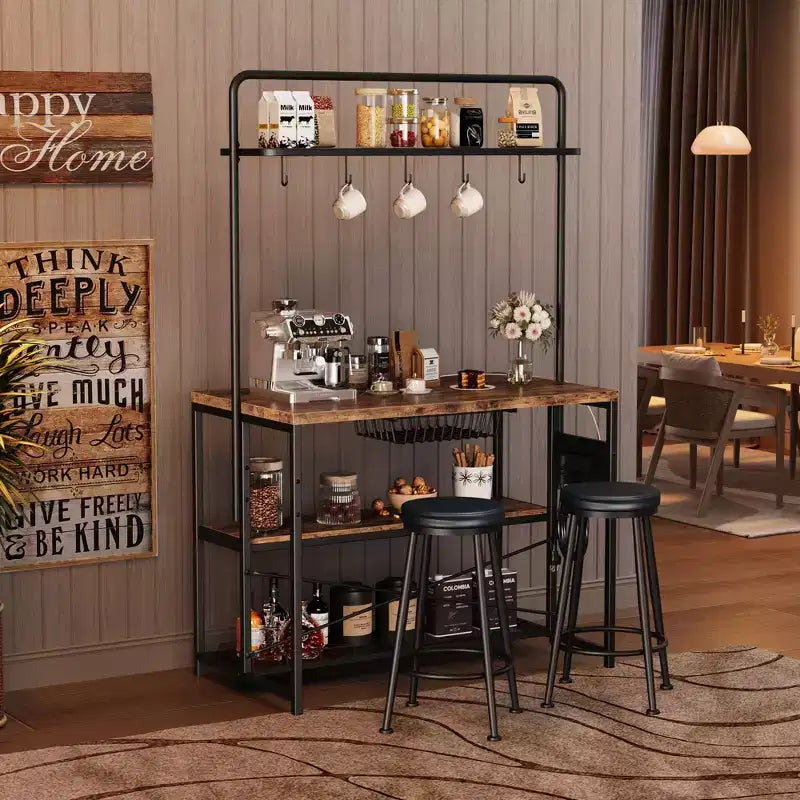 Îlot de cuisine avec prise de courant - Meuble de rangement industriel pour boulangerie avec 2 tabourets, 3 étagères et 5 crochets pour salle à manger/salon (Ensemble 1 pièce)