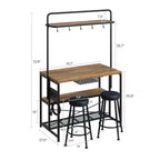 Îlot de cuisine avec prise de courant - Meuble de rangement industriel pour boulangerie avec 2 tabourets, 3 étagères et 5 crochets pour salle à manger/salon (Ensemble 1 pièce)