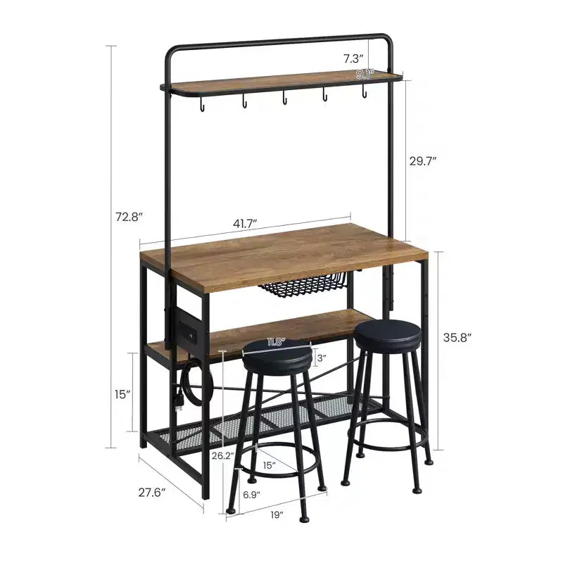 Îlot de cuisine avec prise de courant - Meuble de rangement industriel pour boulangerie avec 2 tabourets, 3 étagères et 5 crochets pour salle à manger/salon (Ensemble 1 pièce)