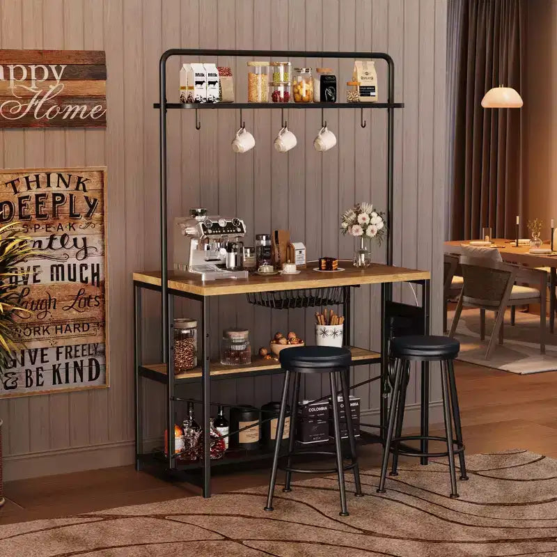 Îlot de cuisine avec prise de courant - Meuble de rangement industriel pour boulangerie avec 2 tabourets, 3 étagères et 5 crochets pour salle à manger/salon (Ensemble 1 pièce)