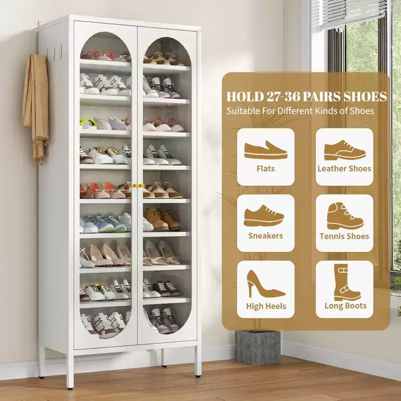 Bekrvio Armoire à chaussures haute en métal à 9 niveaux avec portes en verre, étagère à chaussures autoportante robuste avec étagères réglables, 2736 paires