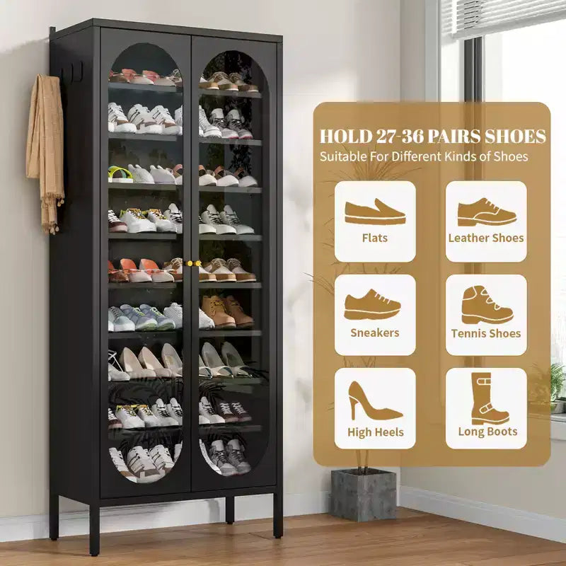 Bekrvio Armoire à chaussures haute en métal à 9 niveaux avec portes en verre, étagère à chaussures autoportante robuste avec étagères réglables, 2736 paires