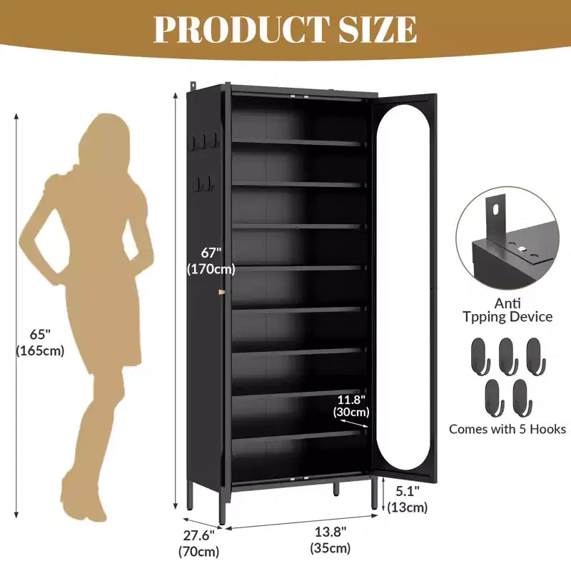 Bekrvio Armoire à chaussures haute en métal à 9 niveaux avec portes en verre, étagère à chaussures autoportante robuste avec étagères réglables, 2736 paires