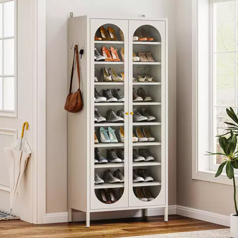 Bekrvio Armoire à chaussures haute en métal à 9 niveaux avec portes en verre, étagère à chaussures autoportante robuste avec étagères réglables, 2736 paires