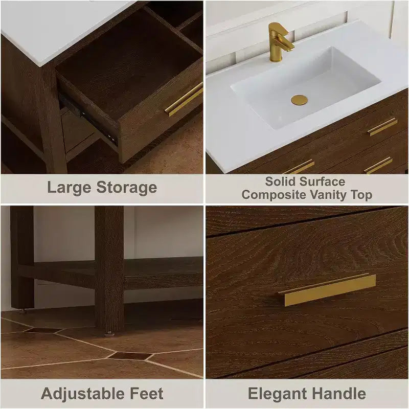 Meuble-lavabo de ferme autoportant de 30 po avec évier, 2 tiroirs et étagère ouverte, pieds réglables pour un nivellement facile, Noyer