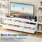 Meuble TV commode industriel moderne pour téléviseur de 75 pouces - 6 tiroirs en tissu - 4 étagères de rangement - Grand meuble console multimédia