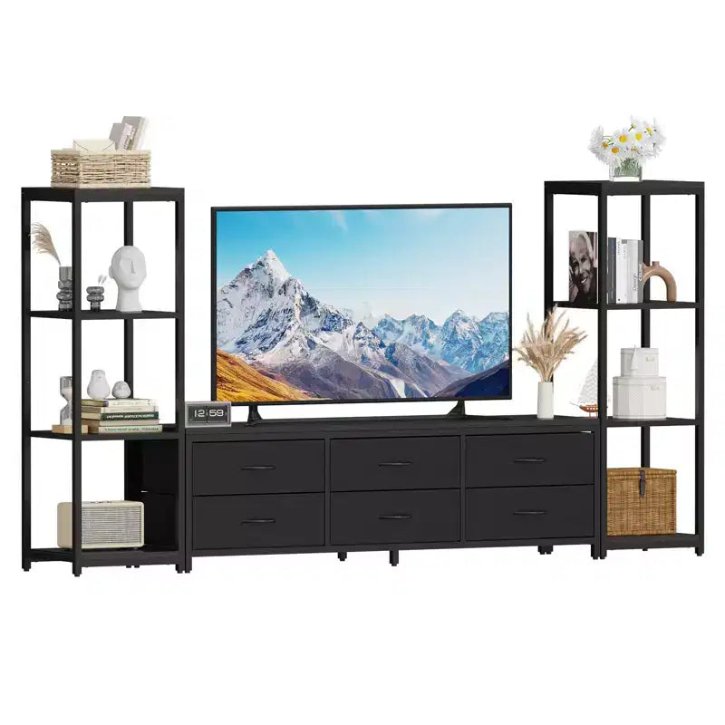 Meuble TV commode industriel moderne pour téléviseur de 75 pouces - 6 tiroirs en tissu - 4 étagères de rangement - Grand meuble console multimédia