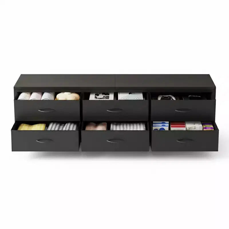 Meuble TV commode industriel moderne pour téléviseur de 75 pouces - 6 tiroirs en tissu - 4 étagères de rangement - Grand meuble console multimédia