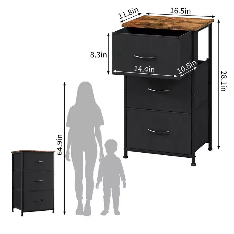 Commode étroite à 3 tiroirs – Meuble de rangement moderne et compact avec bacs en tissu amovibles – Organisateur peu encombrant pour chambre, placard, appartement