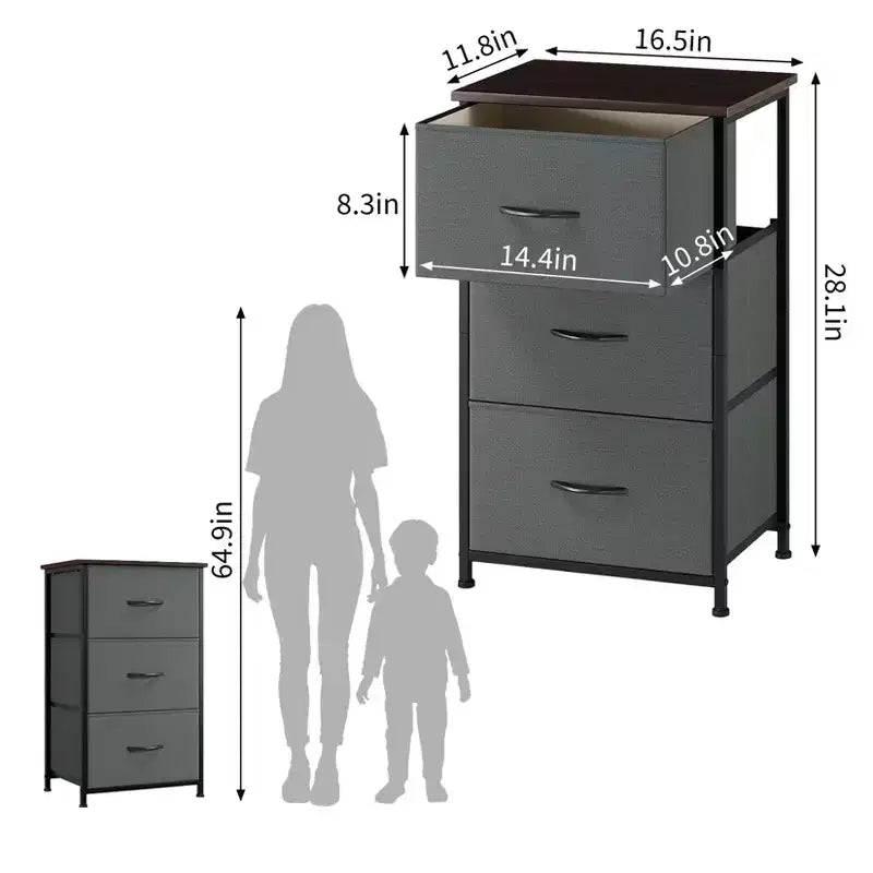 Commode étroite à 3 tiroirs – Meuble de rangement moderne et compact avec bacs en tissu amovibles – Organisateur peu encombrant pour chambre, placard, appartement