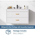 Meuble-lavabo de salle de bain mural flottant de 60 cm avec lavabo intégré, 2 tiroirs et placard de rangement pour salle de bain