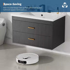 Meuble-lavabo de salle de bain mural flottant de 60 cm avec lavabo intégré, 2 tiroirs et placard de rangement pour salle de bain