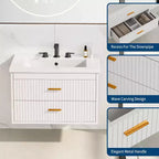 Meuble-lavabo de salle de bain mural flottant de 60 cm avec lavabo intégré, 2 tiroirs et placard de rangement pour salle de bain