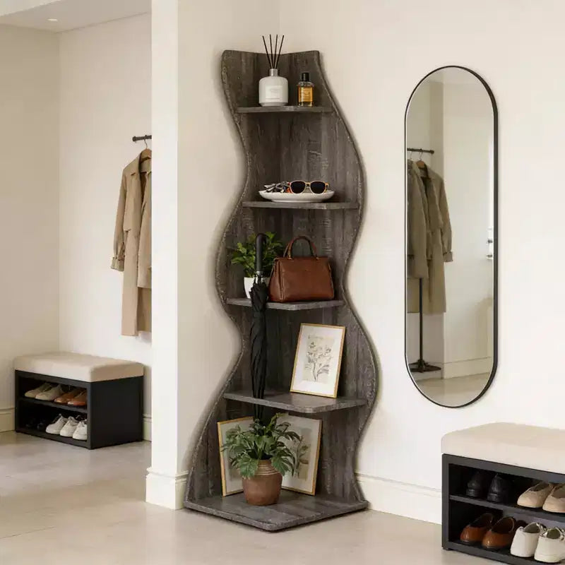 NAYSAYE Étagère d'angle élégante à 5 niveaux, étagère de rangement universelle moderne en bois pour salon et bureau, 19,7 x 18,91 x 70,53