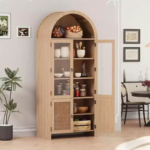 71 Arched Bookcase with Glass Doors&Rattan Storage,Modern Kitchen Storage Cabinet with Adjustable Shelves,Wood Cupboard for Dining Room&Living Room