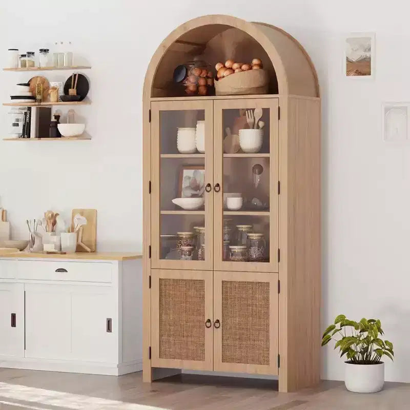 Bibliothèque arquée de 71 po avec portes vitrées et rangement en rotin, Armoire de cuisine moderne avec étagères réglables, Buffet en bois pour salle à manger et salon