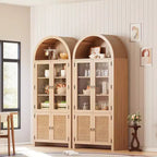 Bibliothèque arquée de 71 po avec portes vitrées et rangement en rotin, Armoire de cuisine moderne avec étagères réglables, Buffet en bois pour salle à manger et salon