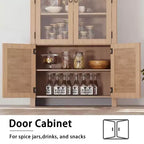 Bibliothèque arquée de 71 po avec portes vitrées et rangement en rotin, Armoire de cuisine moderne avec étagères réglables, Buffet en bois pour salle à manger et salon
