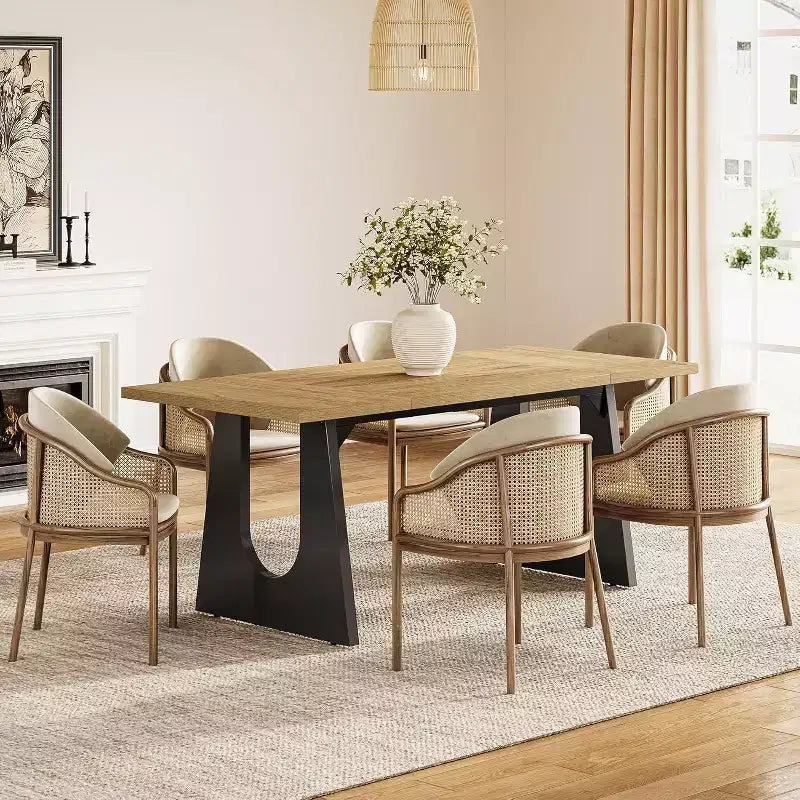 Table à manger rectangulaire Lantine de 180 cm pour 6 personnes, table de cuisine moderne en bois avec pied central robuste noir, couleur naturelle pour salon.