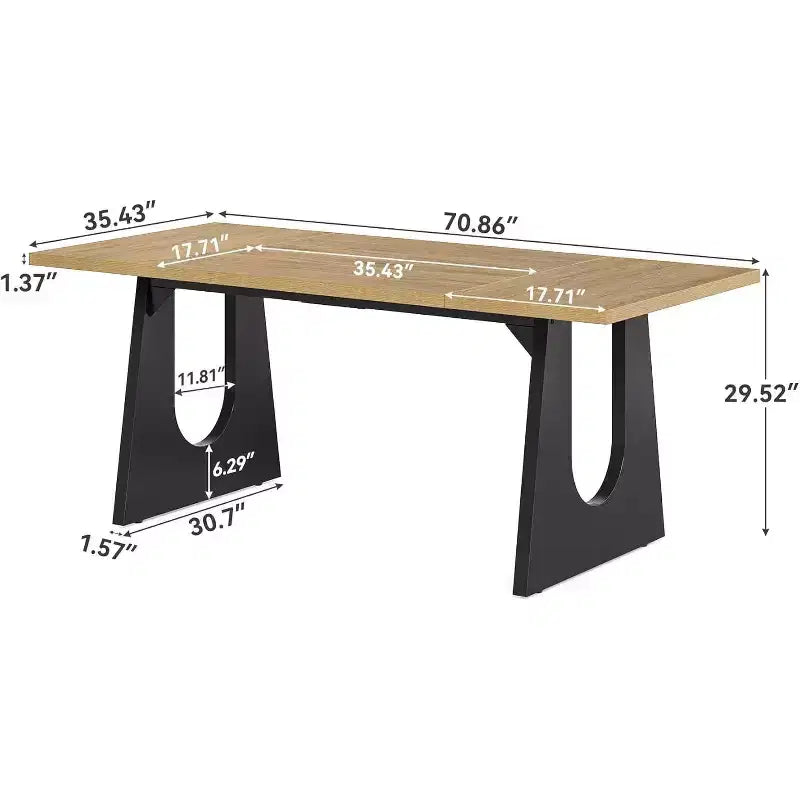 Table à manger rectangulaire Lantine de 180 cm pour 6 personnes, table de cuisine moderne en bois avec pied central robuste noir, couleur naturelle pour salon.