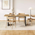 Table à manger rectangulaire Lantine de 180 cm pour 6 personnes, table de cuisine moderne en bois avec pied central robuste noir, couleur naturelle pour salon.