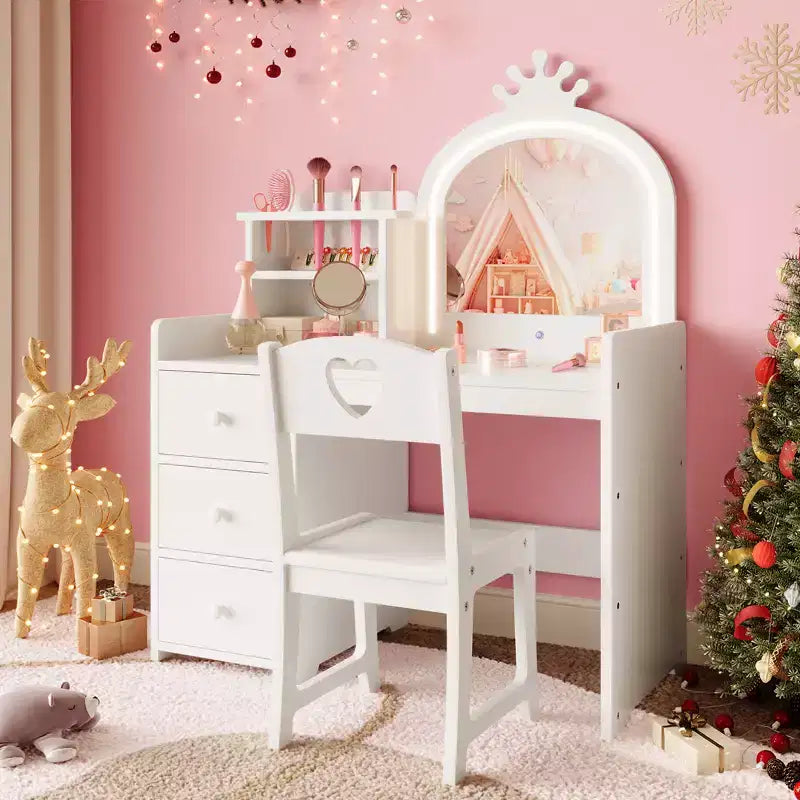 Coiffeuse pour enfants Princesse, miroir lumineux, 3 tiroirs, étagères de rangement, plateau amovible - Coiffeuse en bois pour petites filles