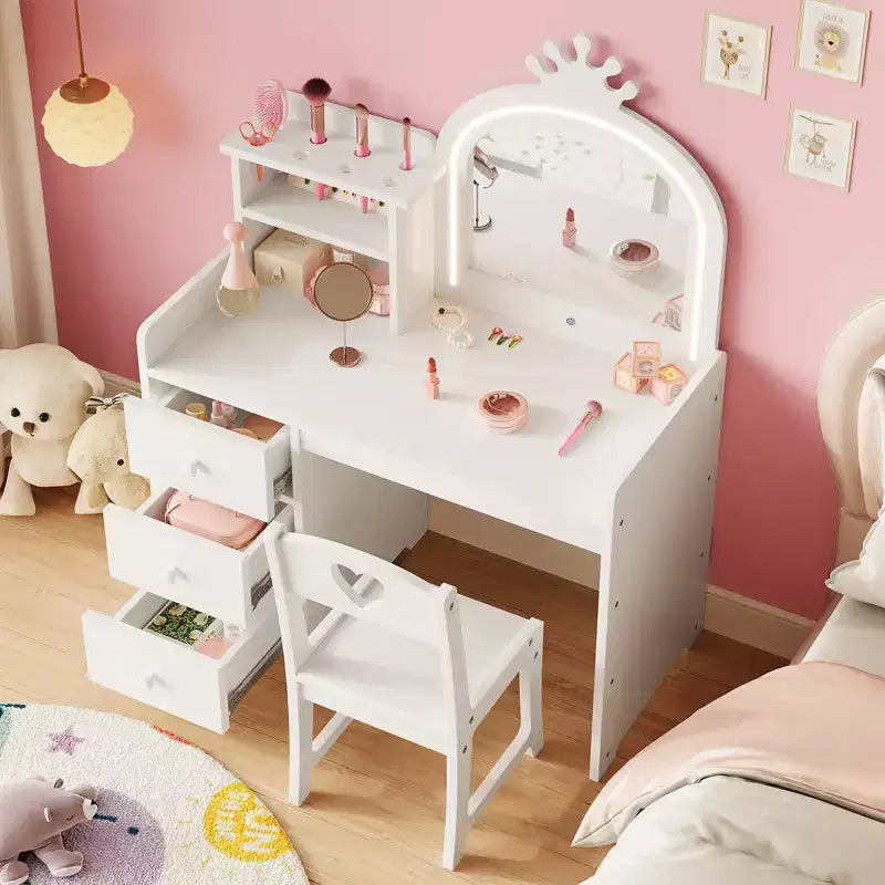 Coiffeuse pour enfants Princesse, miroir lumineux, 3 tiroirs, étagères de rangement, plateau amovible - Coiffeuse en bois pour petites filles