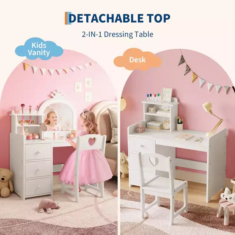 Coiffeuse pour enfants Princesse, miroir lumineux, 3 tiroirs, étagères de rangement, plateau amovible - Coiffeuse en bois pour petites filles